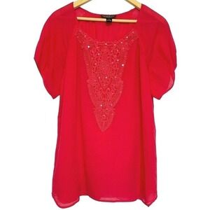 August Silk Cherry Red‎ Puff Sleeve Top Womens M Cotton Sparkle Fairy Blouse